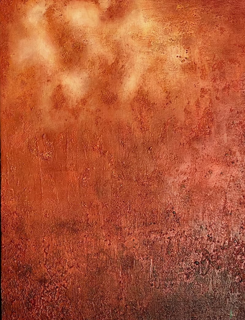 Abstract painting with layered rust and earthy red textures