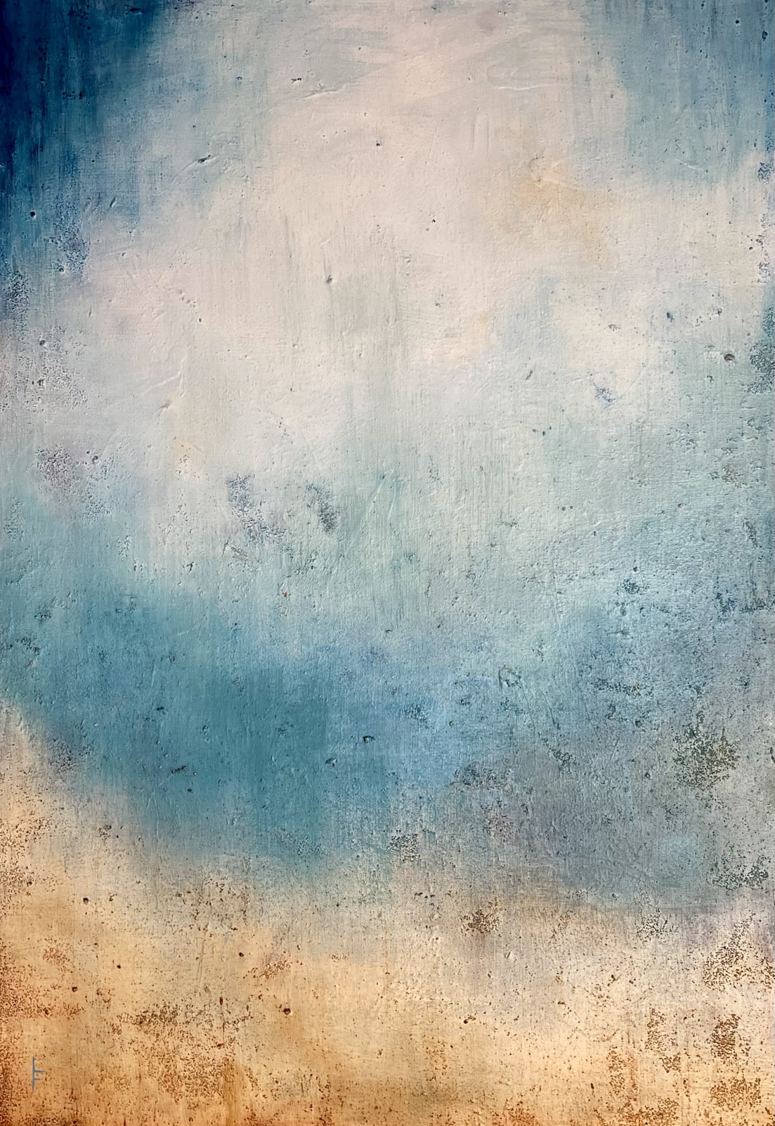 Textured abstract painting in soft blue and sandy tones, blending oceanic hues with warm earth textures.