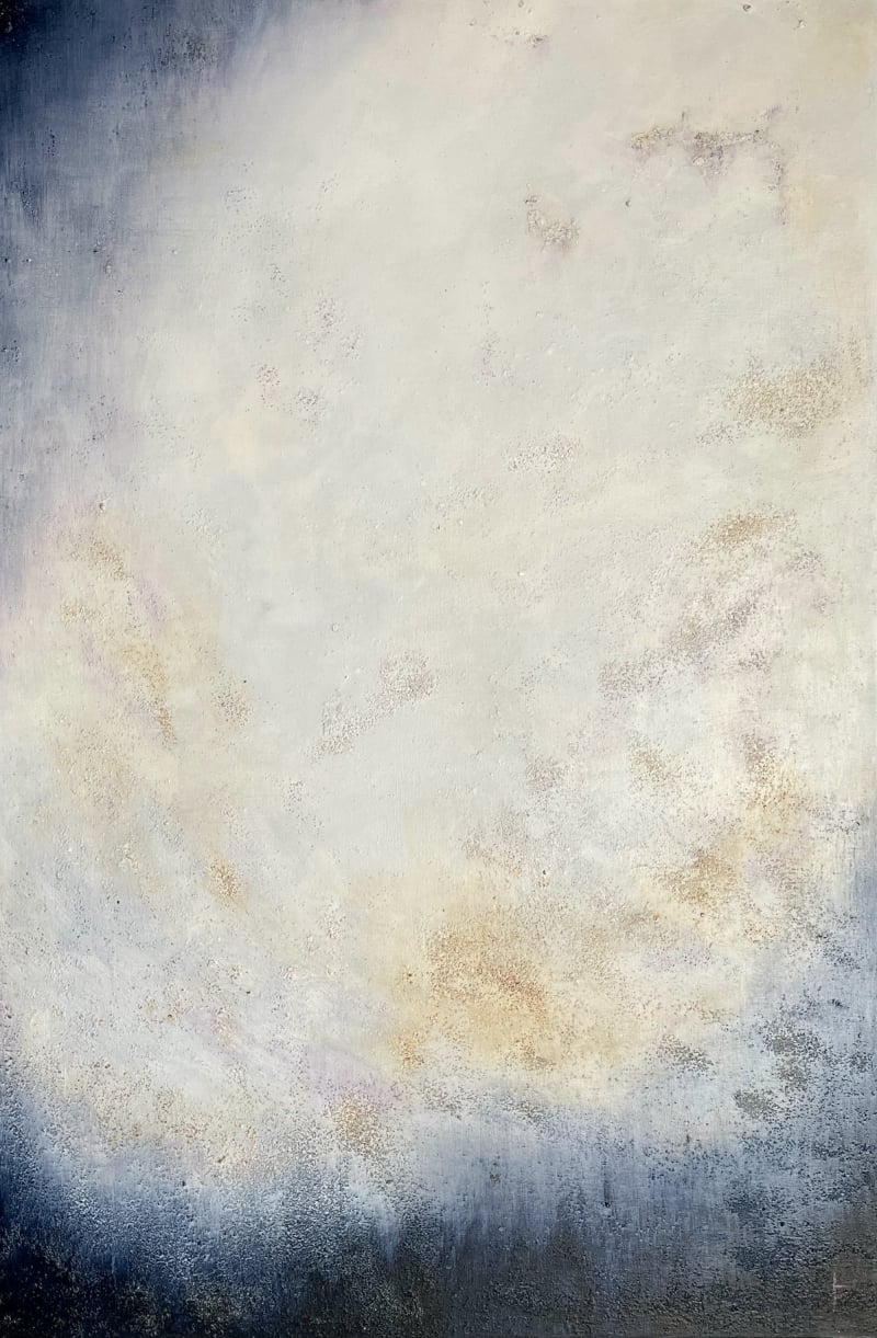 Abstract painting with soft white, pale blue, and muted grey tones and a layered textured surface
