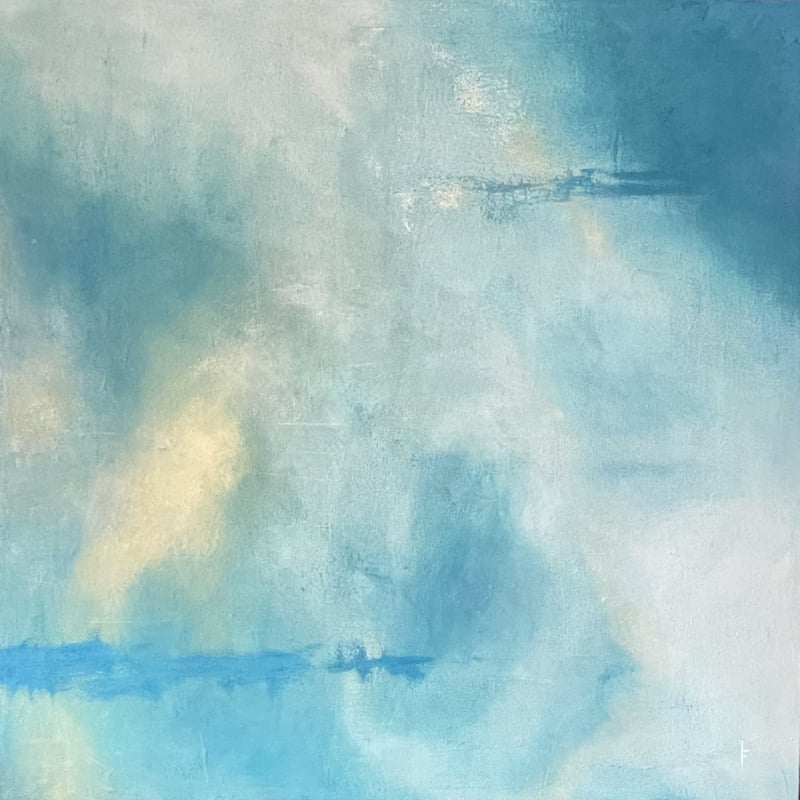 Abstract painting with soft blue and pale yellow tones and a layered, atmospheric surface