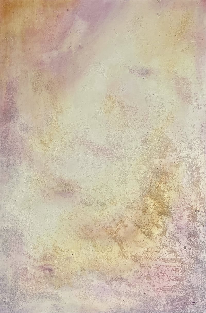 Abstract painting with soft blush, pale gold, and light neutral tones and a layered textured surface